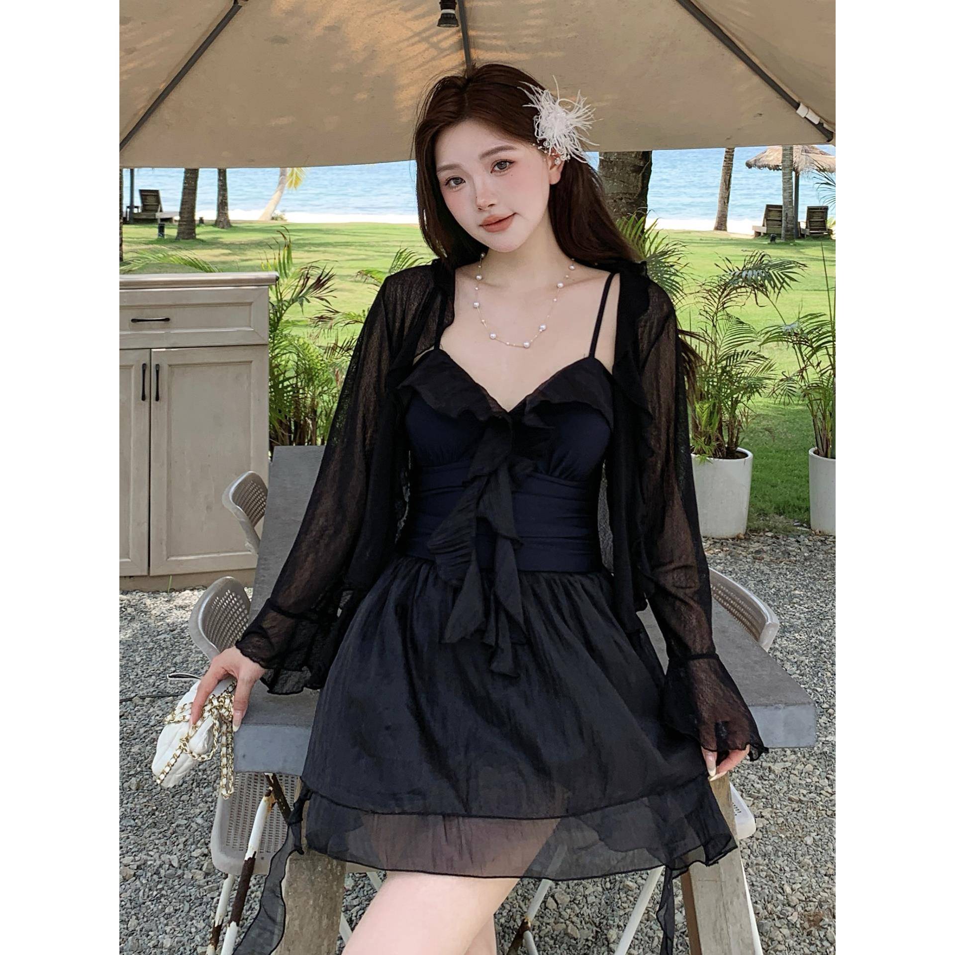 泳衣女大码连体感长袖遮手臂显瘦遮肚保守纯欲风仙气裙式泳1001z