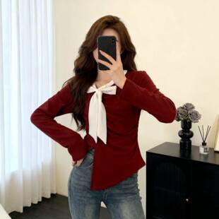 春夏不规则撞色蝴蝶结收腰长袖 胖妹妹洋气百搭上衣0325z T恤女大码