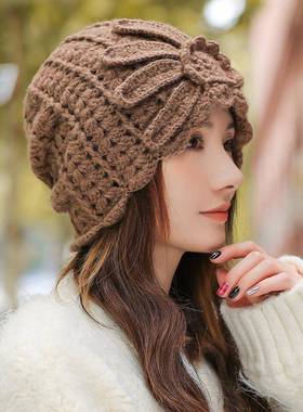 秋冬季花朵帽子女士2025新款洋气毛线帽保暖大头围勾花1128n