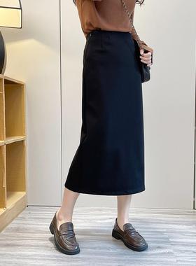 春季后开叉黑色中长款加半身裙秋2026新款高腰显瘦a字裙包臀0115k