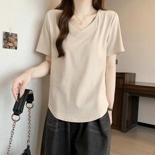 微胖mm宽松显瘦遮肚百搭褶0730z 大码 正肩V领短袖 t恤打底衫 女夏装
