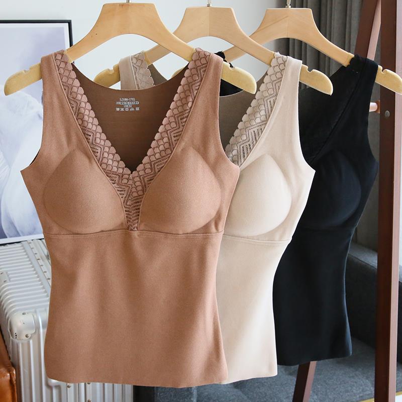 保暖背心女蕾丝V领免穿文胸内衣冬内搭打底衫1127w