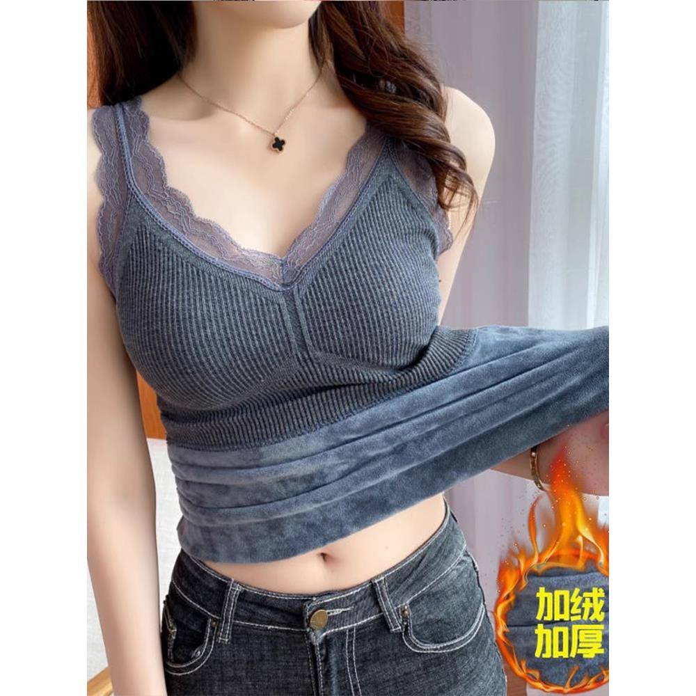 秋冬季保暖加绒加厚吊带背心女弹蕾丝带胸垫内搭修身上衣1202r