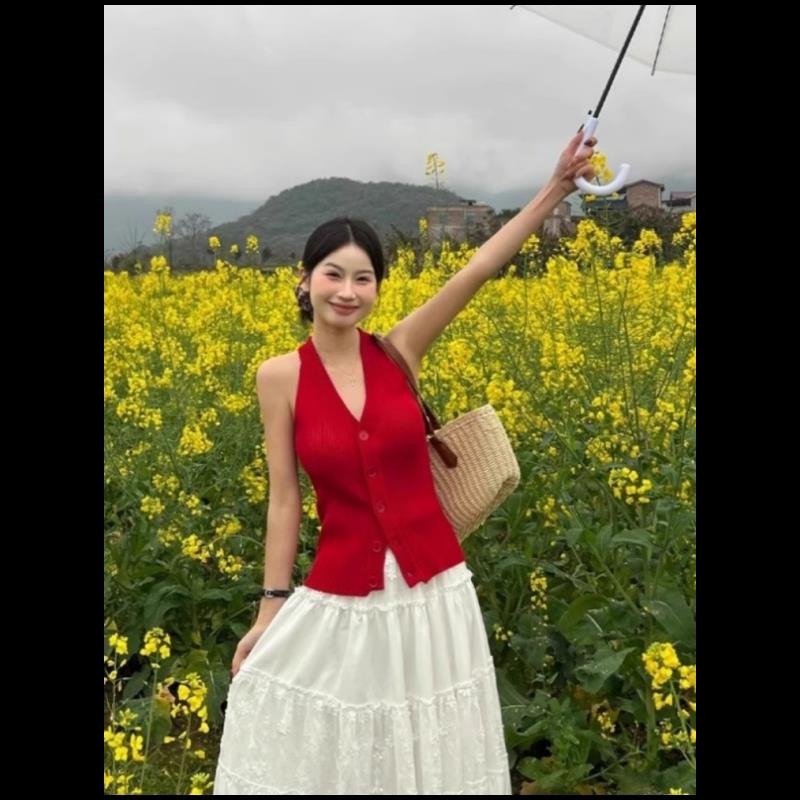 内搭背心红色吊带女感挂脖纯欲冰丝针织开衫夏季辣妹外穿上0908k图片