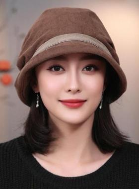 春季2026新款帽子女渔夫帽保暖时尚洋气大头围灯芯绒包头帽0107z