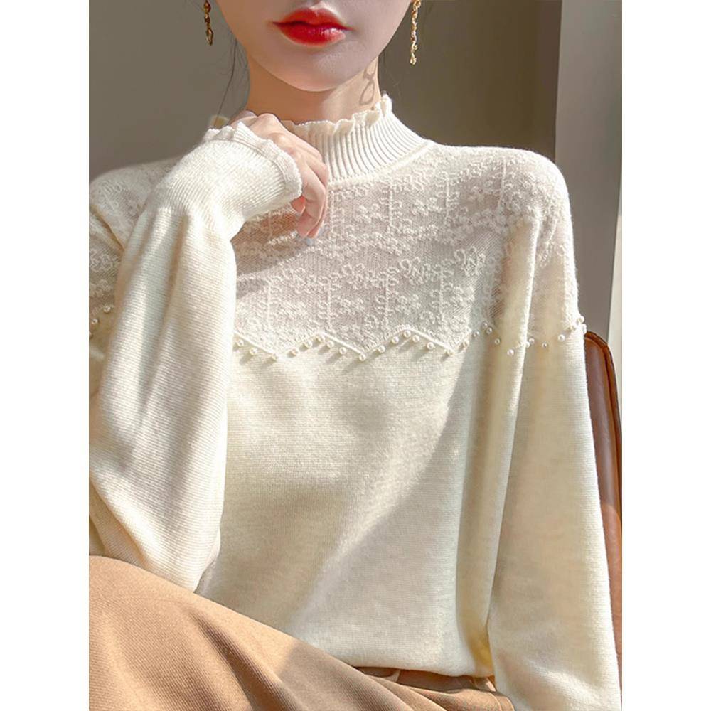 米色木耳边半高领毛衣女秋冬新款时髦洋气内搭针织打底衫1028r