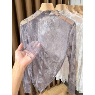春夏灰色半高领蕾丝打底衫 叠穿内搭木耳边0325z 女薄纱2026新款