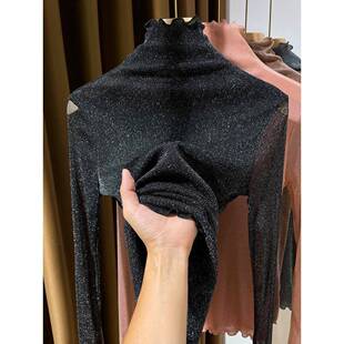 真边亮丝薄蕾丝内衬0325z 2026新款 春夏黑色高领网眼长袖 女底衬衫