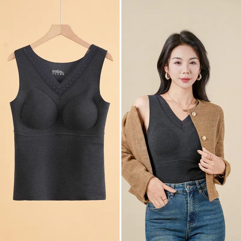 秋冬保暖内衣女士磨毛新款背心带胸垫内搭无痕打底衫肌底衣1130z