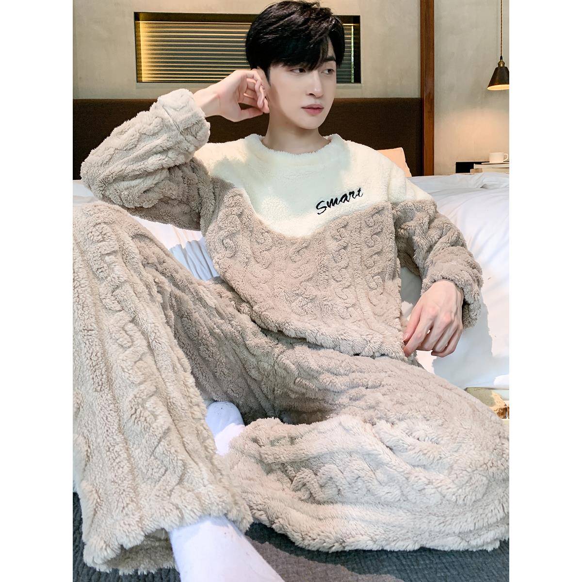 男士睡衣秋冬款珊瑚绒加厚加冬季套头款长毛家居服套装1108k