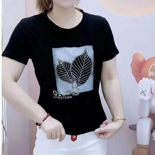 春夏正肩短袖t恤女2026夏新款重工烫钻印花洋气时尚气质百搭0402d