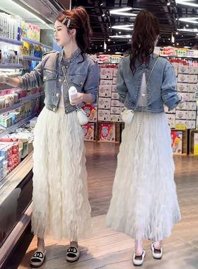 春季高端白色百褶裙2026秋夏新款蕾丝裙蓬松网眼长裙0115k