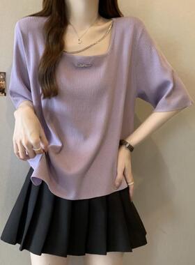 紫色短袖T恤女春夏装大码胖mm显瘦方领上衣洋气小衫0205w