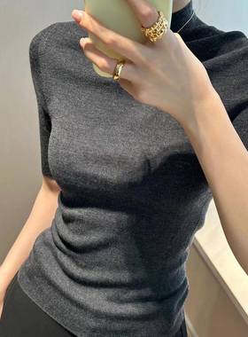 灰色半高领五分袖打底衫秋新款紧身内搭气质中袖针织T恤上衣0115k