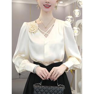V领减龄显瘦西式 春夏法国缎面女式 时尚 2026新款 小衬0321z 衬衫