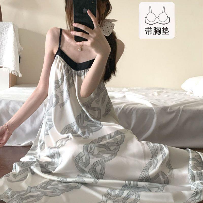 夏季性感吊带睡衣女带胸垫新款复古线条吊带裙韩版V领高级连0830d