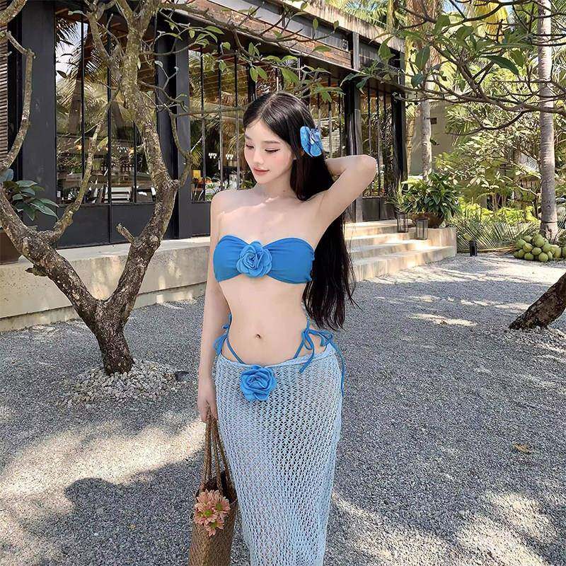 夏季比基尼泳衣女2026新款纯欲性感蓝色三件套针织罩衫0430z