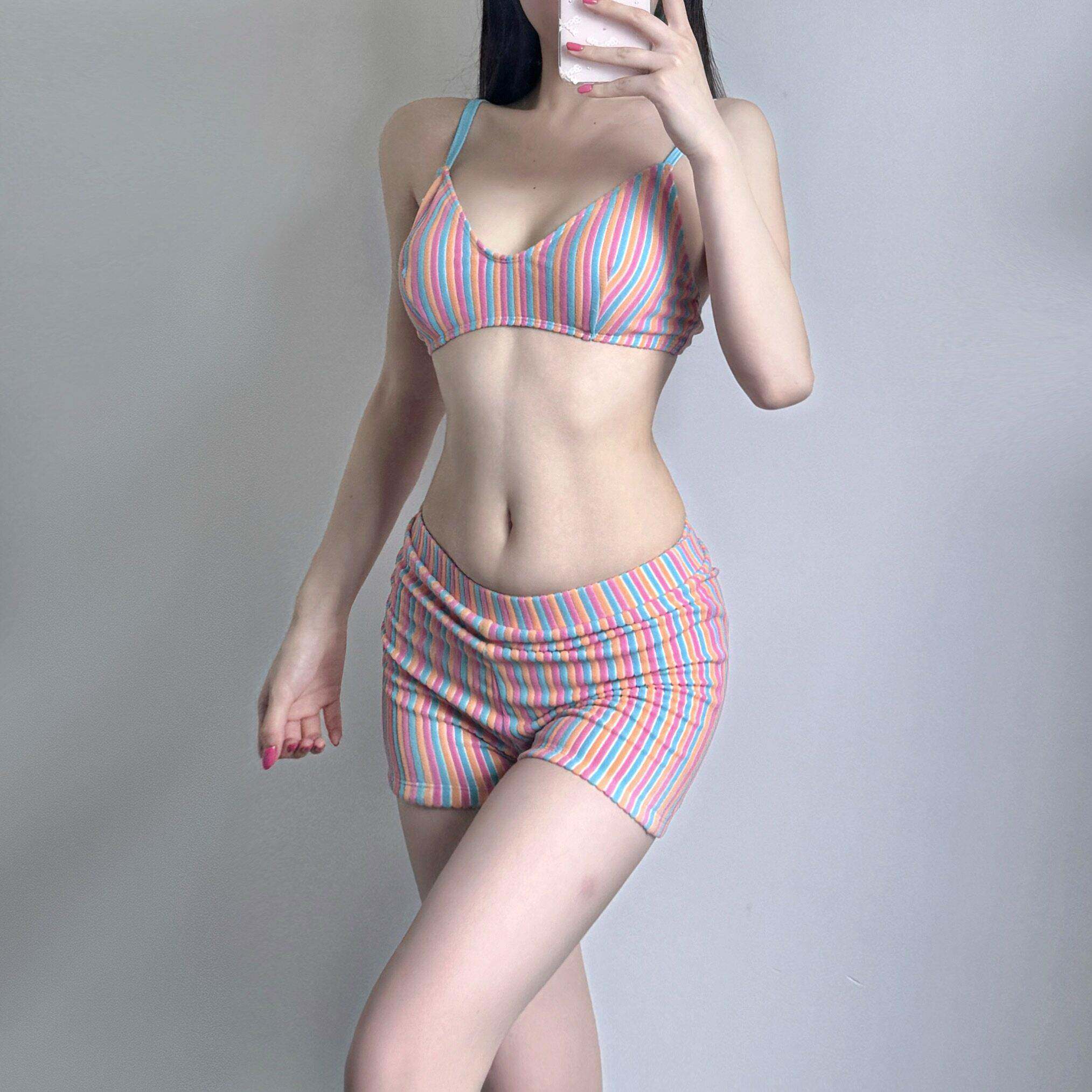 夏季吊带V领彩虹条纹两件式比基尼泳衣女三件套小胸平角高腰0601z