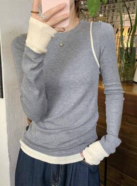 秋冬撞色长袖假两件灰色针织衫女cic早上衣圆领内搭打底衫1220z