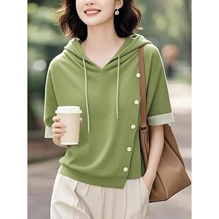 春夏绿色连帽卫衣女士2026新款 减龄休闲显瘦慵懒风不规0321z 时尚