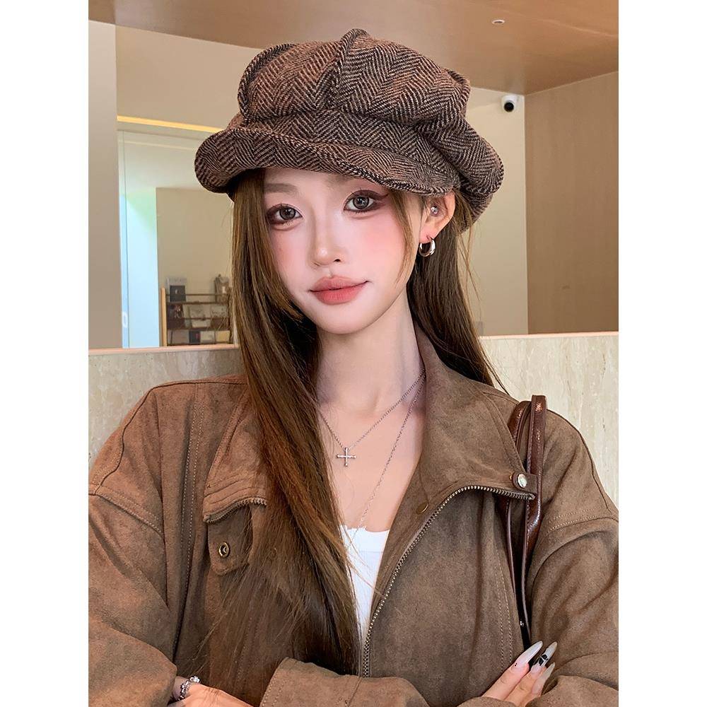 秋冬新款美拉德覆古贝雷帽女百搭大头围八角帽显脸小报童画0906z