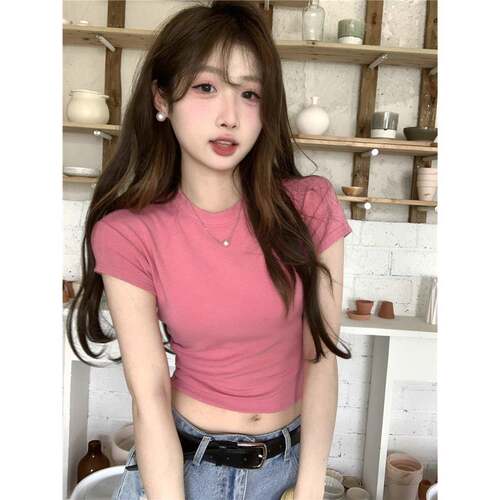 辣妹chic短袖正肩T恤女夏小众设计感紧身高腰短款露脐玫粉色0708z