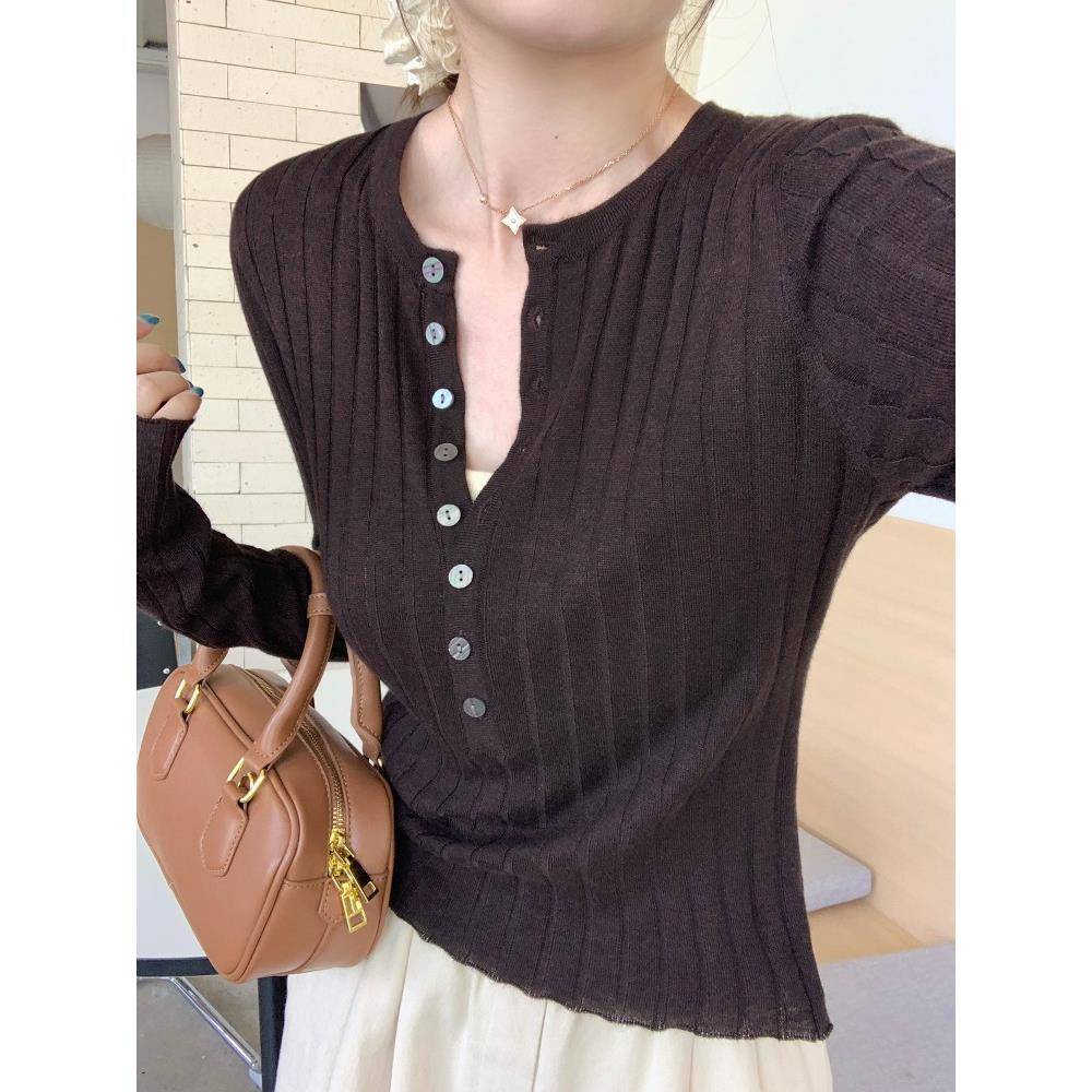 秋冬纽扣半开领针织打底衫女长袖毛衣新款修身紧身内搭上衣1208z