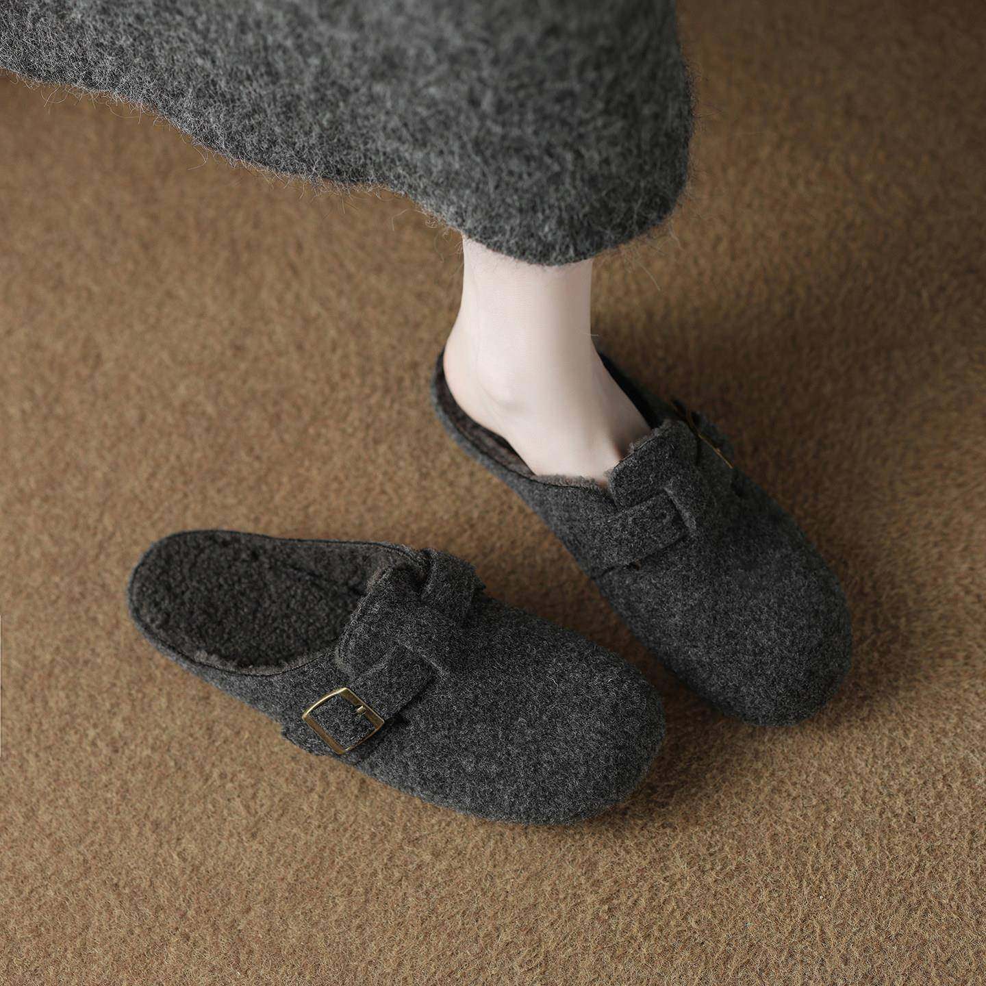 版绝美加绒一脚蹬毛毛外穿半拖鞋女款2026春季毛绒灰色勃肯0126w,女鞋,浅口单鞋,淘宝优惠券,粉丝福利购,淘宝优惠卷