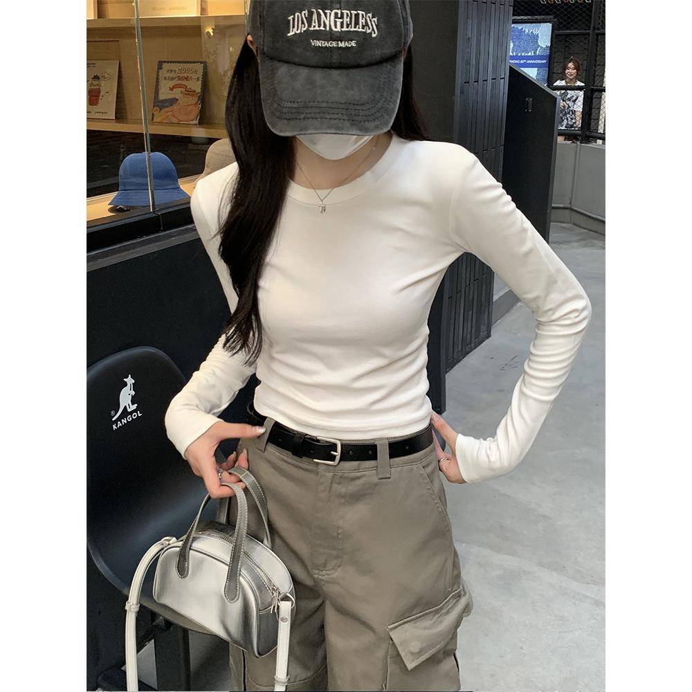 女基础款白色打底内搭显瘦衫冬正肩显瘦休闲内搭长袖短上衣1030w