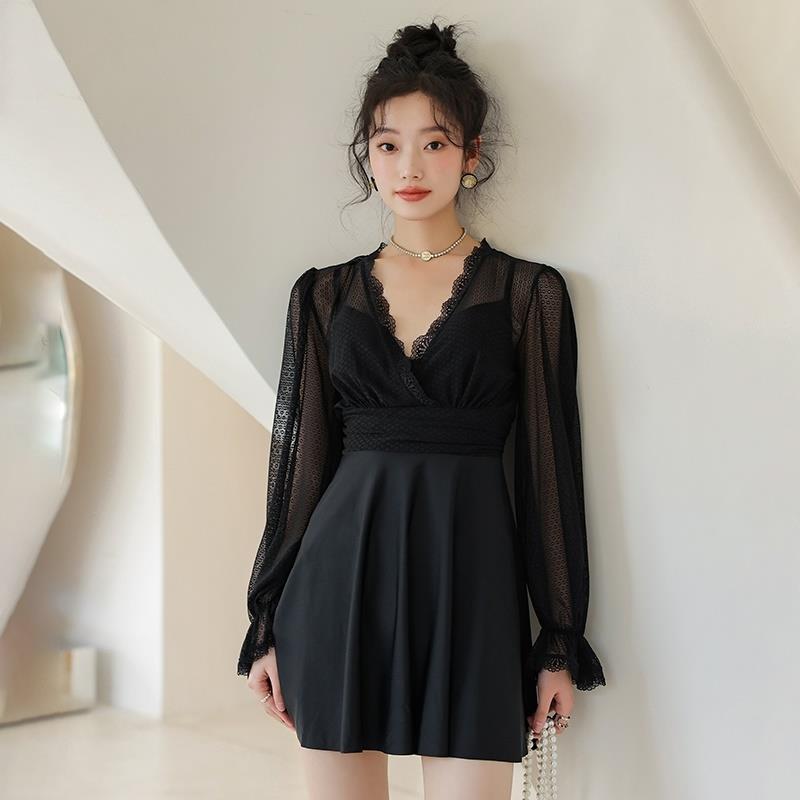 大码泳衣女胖mm200斤遮肚显瘦长袖防晒大胸保守钢托连体裙式1001z