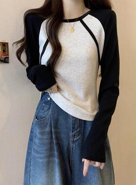 美式插肩长袖T恤秋新款修身打底衫显瘦时尚短款小衫上衣0115k