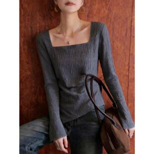 气质百搭T恤0325z 胖妹妹法式 春夏休闲方领肌理感喇叭袖 上衣女大码