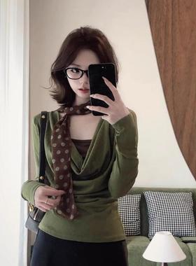 大码胖妹妹覆古荡领假两件长袖T恤女春季绿色感显瘦百搭上衣1229w