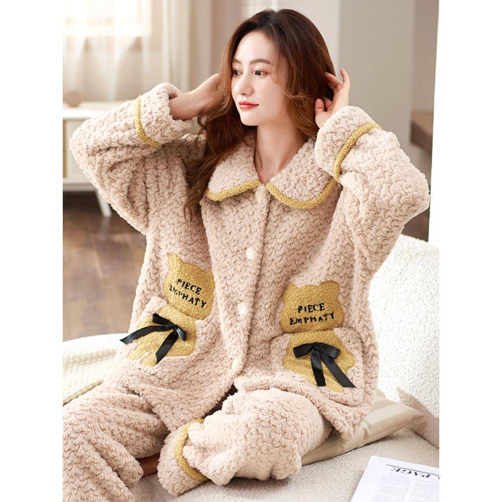 秋冬睡衣女款珊瑚绒家居服法兰绒加厚加绒保暖可外穿套装1208z