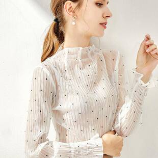 春夏薄款波点白色蕾丝搭配打底衫女长袖内搭洋气喇叭袖网纱0301z