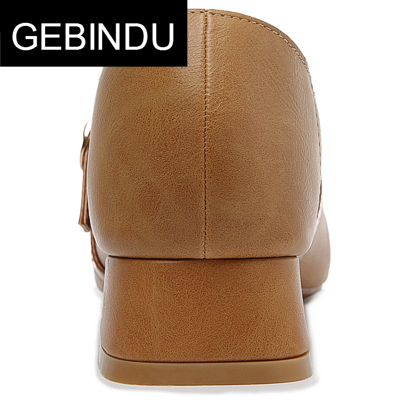 GEBINDU浅色单鞋女中跟杏色鞋子2018韩版百搭乐福鞋方头方根平头