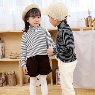 儿童高领打底衫纯棉条纹秋冬男童修身长袖T恤女童内搭中大童宝宝