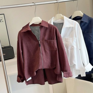 假两件条纹背心拼接Polo领拉链衬衫 显瘦百搭上衣 女秋季 洋气时尚