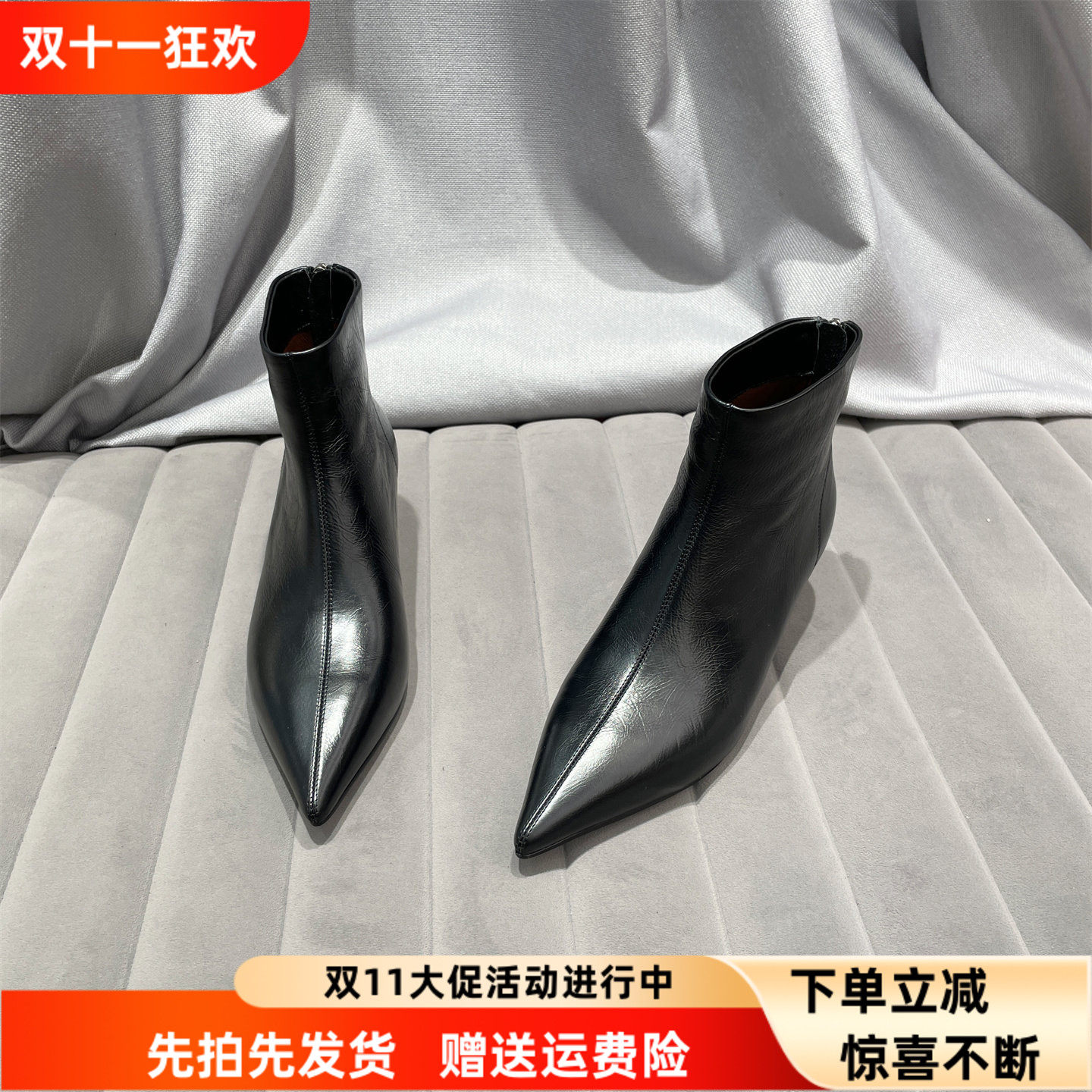 乐魔秋冬款真皮尖头高跟短靴