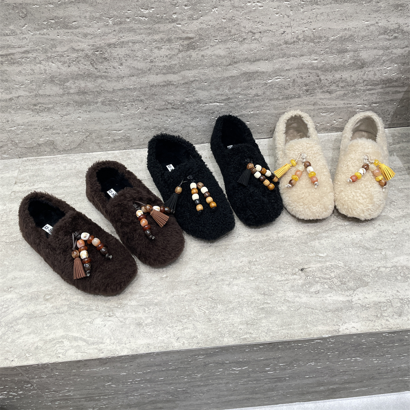 XFMD欧洲站冬羊毛加绒平底豆豆鞋