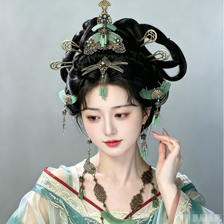原创绿芜古铜做旧古风头饰战国袍汉服头饰套装中式大祭司发冠簪子