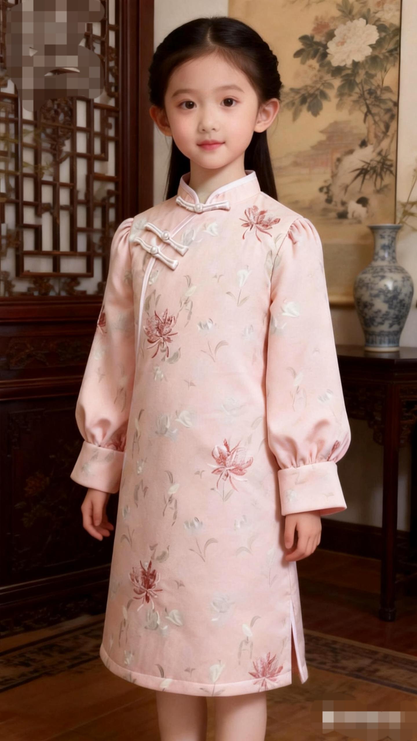 女童连衣裙短款泡泡袖冬季加厚夹棉旗袍宝宝旗袍刺绣花朵生日旗袍