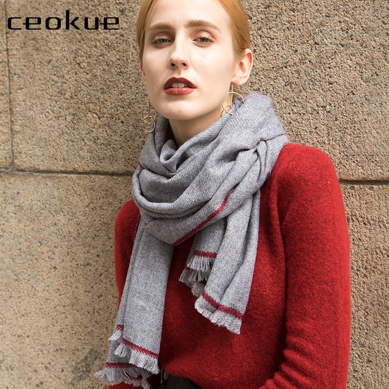ceokue羊毛围巾女薄款欧美风彩边秋冬季纯色超长时尚百搭披肩两用