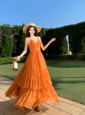 实拍旅行女装波西风度假风橙色蕾丝拼接性感露背连衣裙长裙