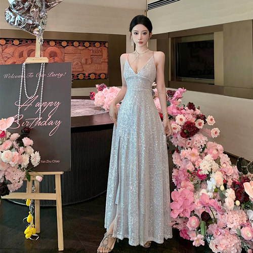 实拍亮片闪闪吊带裙年会闺蜜装生日宴会礼服轻婚纱敬酒服长裙