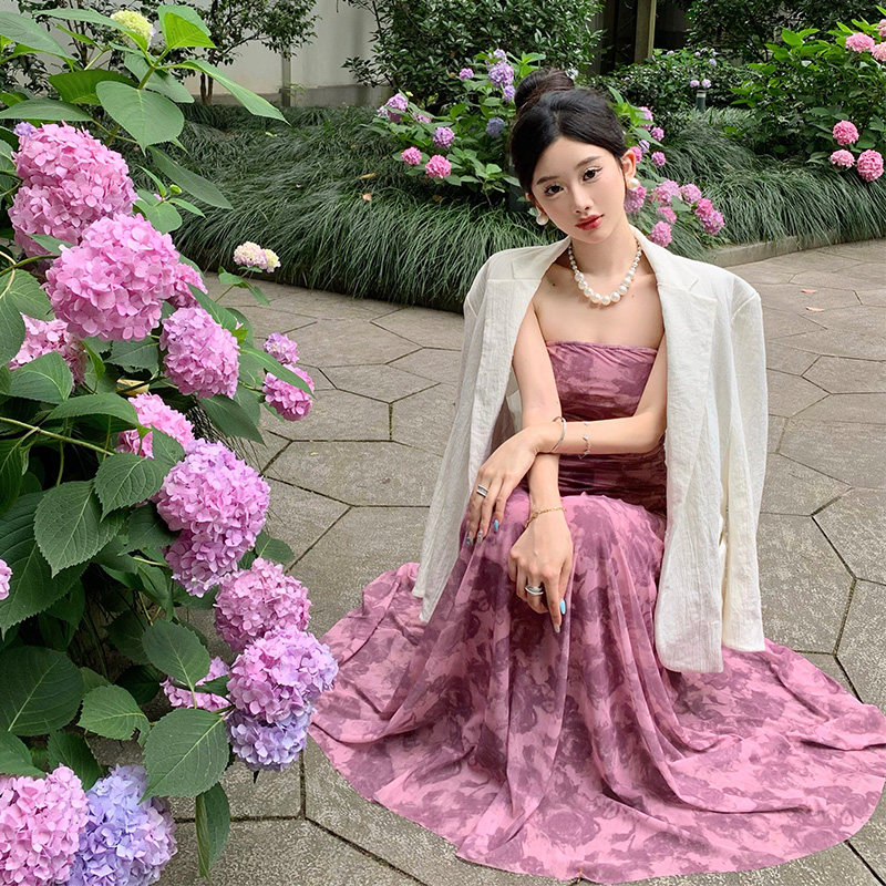 实拍两件套小个子法式茶歇复古风显白紫色玫瑰感模型连衣裙显瘦裙
