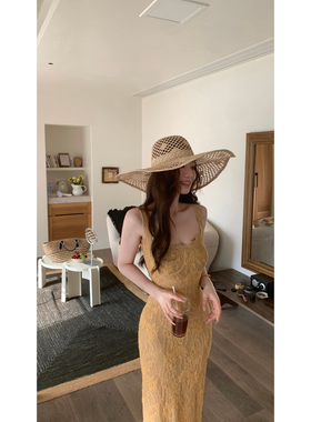 SYA奚小西 法式方领蕾丝吊带修身长款连衣裙女夏季性感温柔裙子