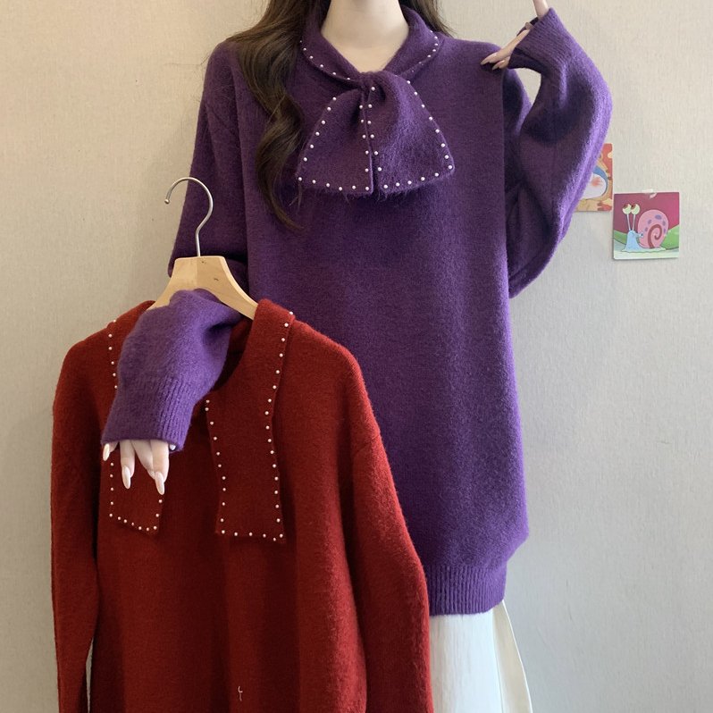 实拍大码女装冬装新款蝴蝶结领钉珠毛衣针织衫宽松显瘦减龄小上衣