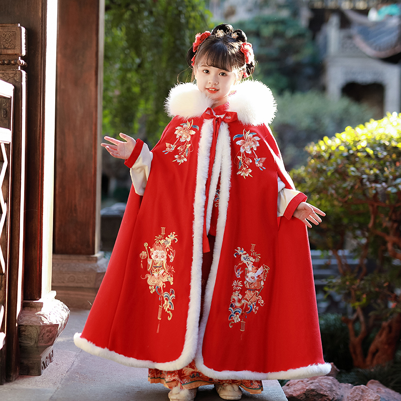 女童披风斗篷冬季加绒加厚拜年服