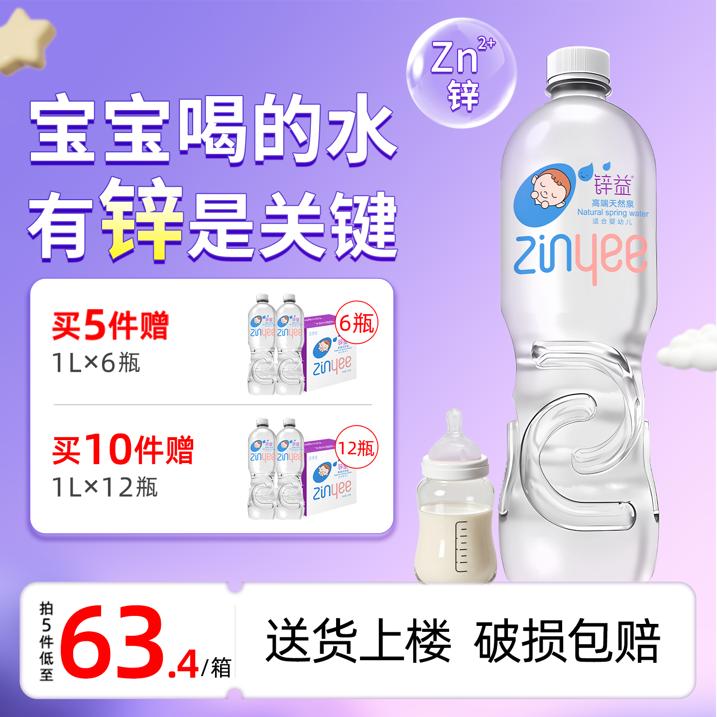 洞庭山锌益天然含锌母婴水1L*12瓶婴幼儿泡奶宝饮用非矿泉水整箱